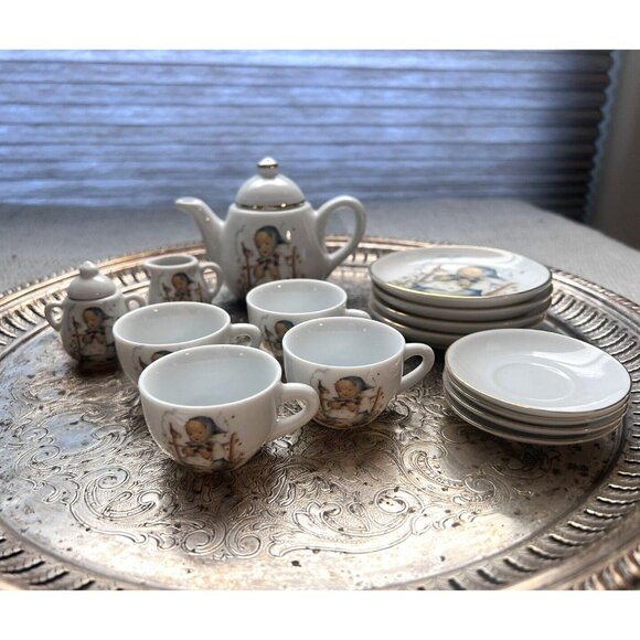 Vintage Reutter Miniature MJ Hummel Mini Porcelain Doll House Tea Set Girl 15 pc - Picture 1 of 8